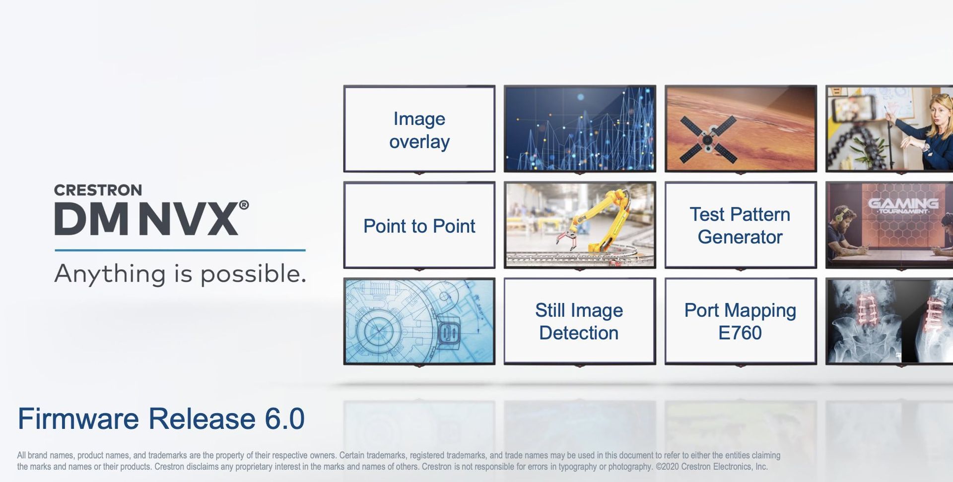 Mit dem neuen Betriebssystem DM-NVX 6.0 bietet Crestron neue Merkmale für die NVX Audio-Video-Streamingplattform. Es ermöglicht Ihnen die Anzeige eines statischen Bildes auf einem DM NVX-Endpunkt. Das beseitigt leere Bilder auf einem Display. Zudem ermöglicht es Notfalldurchsagen und Digital Signage (fernverwaltete Digitalanzeige zu Marketingzwecken). DM-NVX 6.0 arbeitet mit einem Web Interface, SIMPL Windows, VTPro-E/HTML5Interfaces und API. 